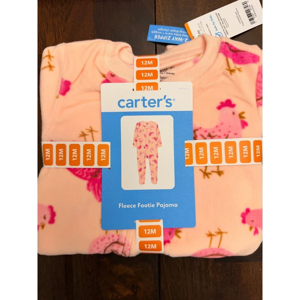 Carter's Fleece Footie Pajama Baby Girl 12M Pink Chicken Print NWT